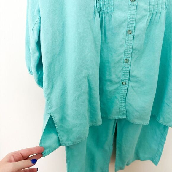Hot Cotton Linen Outfit Set Blouse Crop Pants Blue Lagenlook Size XL Artsy - Picture 4 of 14